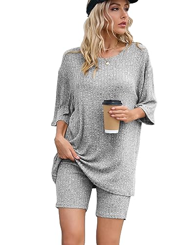 Famulily Cycling Shorts and Top Set Women, Ladies Casual Short Sleeve Yoga Sets 2 Piece Clothing Summer Streetwear Tracksuits (XXL, Grey)