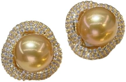 Luxury Golden South Sea Pearl Stud Earrings, 9-10MM AAAA Grade with Crystal Rhinestone Double Halo Setting, Push Back Closure S925 Silver Needle