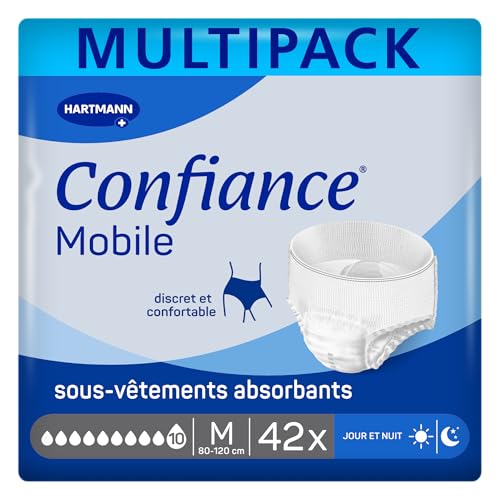 Confiance Mobile - Slips Absorbants pour Hommes et Femmes - Niveau d'Absorption = 10 gouttes (Fuites Urinaires Importantes) - Discrets et efficaces - pH Neutre à la Peau - Taille M - 3x14 Unités