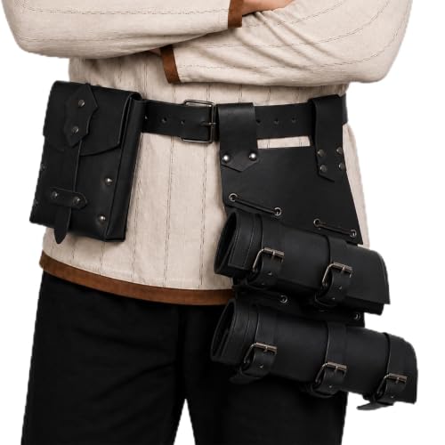 soptuyp Medieval Double Sword Frog with Belt Pouch - Renaissance Pirate Adjustable Sword Belt Holster for Ren Faire Cosplay (Black)