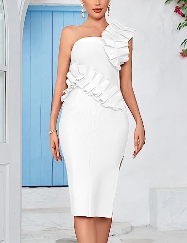 Image of houstil Women's One Shoulder Wedding Guest Dress Side Split Bandage Bodycon Midi Cocktail Club Dresses