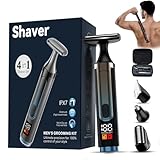 WUXO Back Shaver for Men, LED Display, Travel Case, 4 in 1 Mens Back Shaver Rechargeable with Long Handle, Safety Lock, IPX7, Multi-Functional Back Trimmer for Men,(Jet Black)