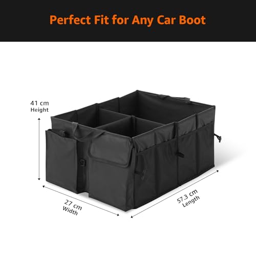 Image of Amazon Basics Car Boot Organizer with 3 Large Compartments & 8 Mesh Pockets | Foldable 600D Oxford Storage Box with Lid & Securing Straps (Black, 58x43x27 cm)