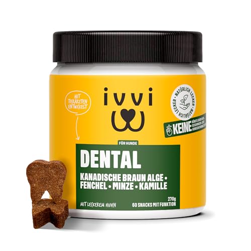 ivvi Dental - Zahnhygiene-Snacks für Hunde. Für gesunde Zähne und Zahnfleisch, hilft bei Zahnbelag und schlechtem Atem - 60 Snacks (270g) mit Huhn.