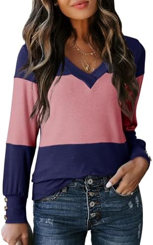 Dokotoo Womens Tops 2024 Spring Color Block Long Sleeve Shirts V Neck Dressy Casual Blouses