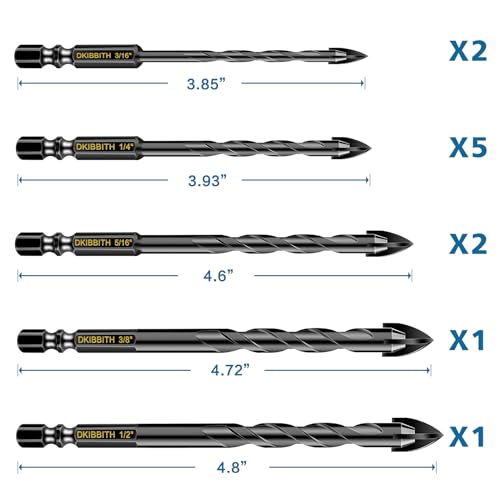 11-pc Carbide Masonry Concrete Drill Bit Set for Stone Tile Brick Ceramic Glass Metal Sheet Plastic Wood, Quick Change 1/4" Hex Shank, Size 3/16" 1/4" 5/16" 3/8" 1/2" with Storage Case