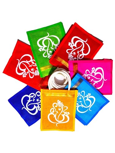 Anumala® Jute Bags with Contrast Ganesh And Kolam Art | Thamboolam And Jute Bags|Wedding Return Gifts|Birthday Return Gifts|Event Return gifts Bag|Multicolor (10x8x4) inches (B0CPFPSHD1) Amazon Price History, Amazon Price Tracker