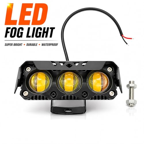 Image of 3 Lens LED Auxiliary Fog Light Amber Yellow | Waterproof Driving Lamp for Motorcycle & Scooter | Universal Fit 12V | Wide Beam Visibility | With Mounting Bracket