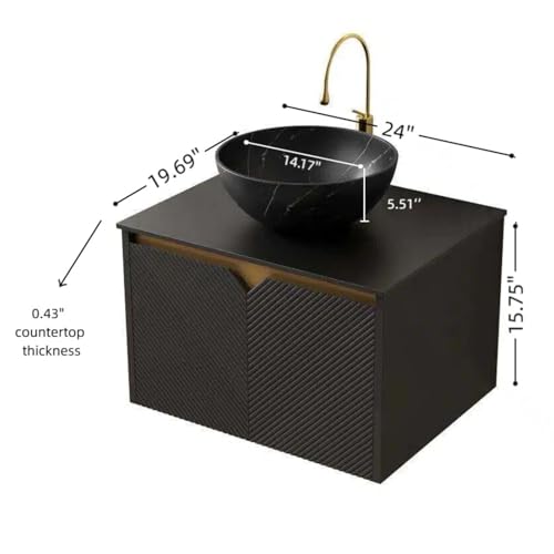 Image of 24 inch Bathroom Vanity with Sink, Wall-Mounted Bathroom Vanity with Black Bowl Ceramic Vessel Basin, Modern Plywood Floating Vanity with Twill Double Doors, Bathroom Storage Cabinet, Black