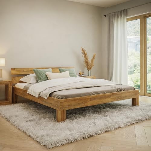 skølm Floki Massivholzbett 200x200 cm aus Eiche - hochwertiges Bettgestell - Bettrahmen mit Bettkopf - Holzbett in Natur geölt - Bett 200x200 cm...