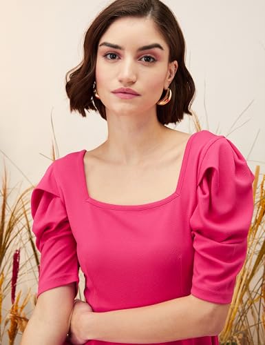 Image of Amazon Brand - Eden & Ivy Women Solid Crepe Square Neck Puff Sleeve Regular Fit Peplum Knit Top (Available in Plus Sizes)