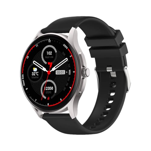 Knauermann Neo (2024) Silber Rund - Gesundheitsuhr Smartwatch - EKG + HRV Funktion - BT Bluetooth - Schlafapnoe - Blutdruck - Silikonband Schwarz, 14-24