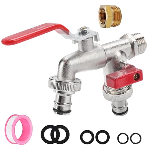 Robinet de jardin 1/2 3/4 en alliage de laiton, 4 raccords de tuyau et bande d'étanchéité pour tonneau de pluie de machine à laver de jardin (rouge)