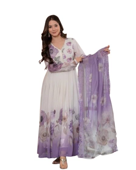 Fully Stitched Faux Georgette Embroidered Sequence Work Gown – Ready-to-Wear Ethnic Outfit for Parties & Festive Occasions -White & Purple-image-28