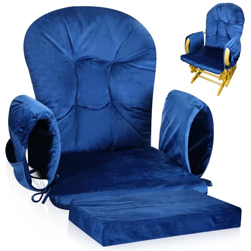 Barydat 5 Pcs Glider Rocker Replacement Cushions Velvet Washable Rocking Chair Cushion with Storage Non Slip Glider Cushions Replacement Set Glider Chair Cushions for Nursery Chair (Navy Blue)