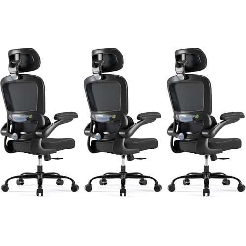 Image of TRALT Ergonomic Office Chair - Desk Chair with Adjustable Headrest Lumbar Support Computer Chair - Mesh Comfy Chair with Flip-up Armrests - Gaming Chair for Adults Home Office PU, Black, Pack of 3