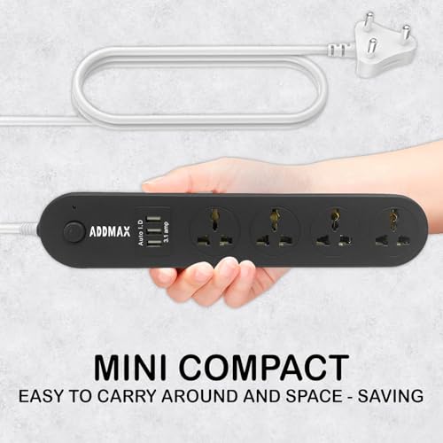 Image of ADDMAX Extension Board with USB - 4 Socket Power Strip, 3 USB Ports, 10 Meter Heavy-Duty Cord, 10A Surge Protector, Fireproof Multi Plug Extension for Home, Office, TV, Computer - Black