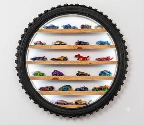 Image of Wooden Wall Shelf Display Rack for 1:64 Scale Die-Cast Cars with LED Light | Rugged Tyre Frame Storage Organizer for Hot Wheels Collection | Decorative Home & Room Decor (24 x 4 Inch (White)