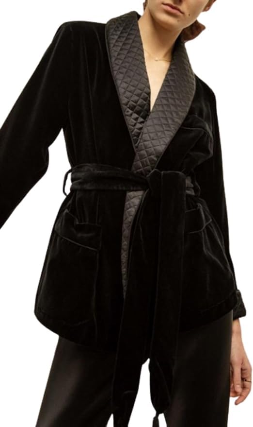 Womens Black Velvet Smoking Jackets Quilted Robes Smoking Jackets Coats Party Wear