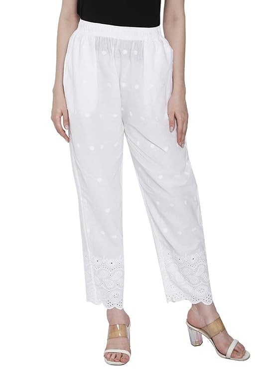 Women Cotton Half Chicken Embroidery Trouser || Straight Fit Chikan Palazzo || Trouser Pants-image-41