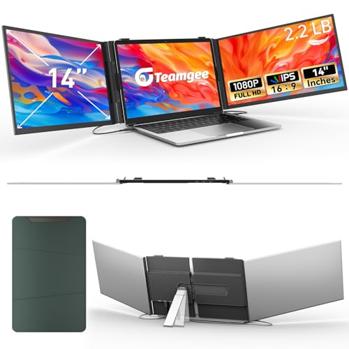 Teamgee 14" Triple Laptop Screen Extender, 0.9kg Ultra-Thin & Light Durable Portable Monitor with Adjustable Bearing Stand, FHD 1080P for 13.3-17.3" Laptops, Wins/Mac/DEX/Chrome, for Travel/Work