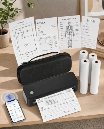 Image of DAZA Portable Inkless Thermal Printer Kit, Wireless, Bluetooth with Carrying Case and 4 Paper Rolls, for Travel, Students, Cars, Home Office, Realtors, Gift - Fits Any Size of Paper