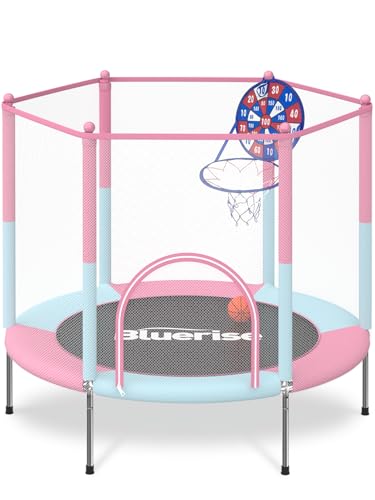 BLUERISE 55IN Toddler Trampoline for Kids Indoor Play for Kids Trampoline Basketball Hoop Attachment with Enclosure Net Easy to Assemble Recreational Trampoline Pink