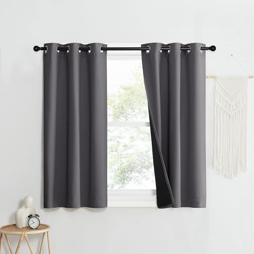 Image of NICETOWN 100% Blackout Short Curtains with Black Liners, 2 Panels, 37 inch W by 40 inch L, Grey, Solid Thermal Insulated Full Blackout 2-Layer Lined Drapes, Energy Efficiency Window Draperies for Bedroom