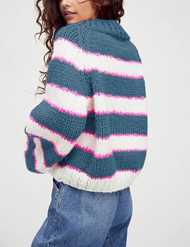 Image of Yeokou Women Stripe Pullover Sweater Turtleneck Ribbed Knit Top Casual Fall Winter Chunky Knitwear