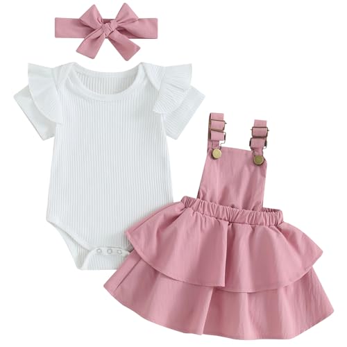 Image of Mubineo Baby Girl Summer Clothes Cute Outfits Short Sleeve Romper Overall Skirt Dress Headband 3PCS Newborn Outfit