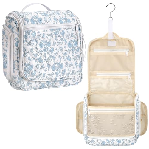 Eccliy Travel Toiletry Bag for Women Blue Floral Makeup Bag with Hook, Quilted Toiletry Organizer with 19 Compartments for Cosmetics Bathroom Shower Travel Accessories Essentials