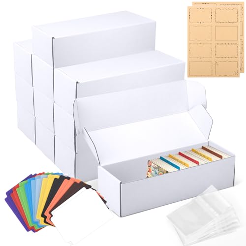 Draupnir 10 Pack Trading Card Storage Box, Cardboard Game Card Storage Box White Bulk Card with 20 Dividers, 50 Cards Protector and 2 Label Stickers for Baseball, Sports, Game Cards Storage Boxes