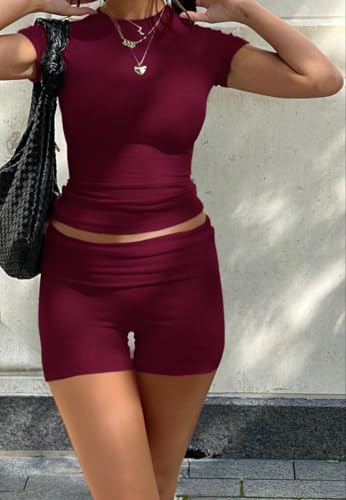 Image of AYWA Women's Two Piece Sets Summer Slim Fitted Short Sleeve Tops Foldover Shorts Matching Lounge Sets