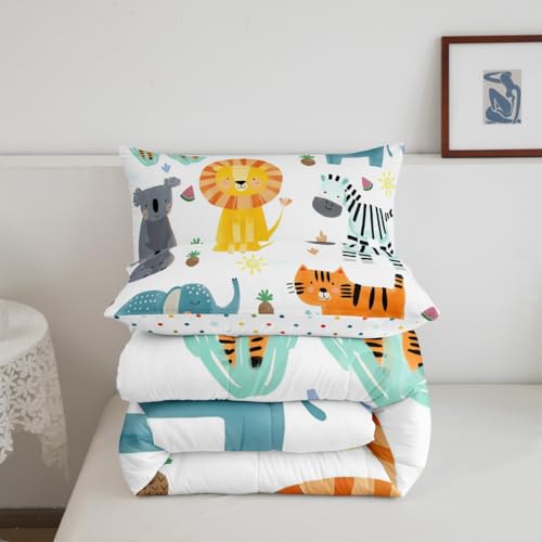 Image of Feelyou Kids Cartoon Lions Comforter Set Full Size, Zoo Animal Bedding Set Elephant Comforter for Kids Boys Girls Kawaii Duvet Insert Room Decor Microfiber Bed Set