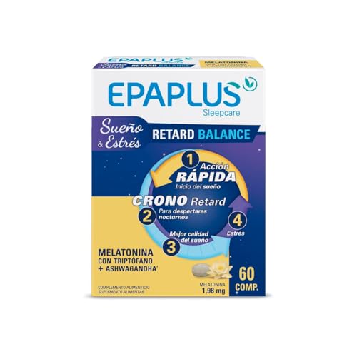 EPAPLUS Sleepcare | Melatonina Retard Balance | Con Triptófano y Ashwagandha | Liberación Prolongada 8h | 1,98 mg por Comprimido | Descanso y Relajación Nocturna | 60 Comprimidos