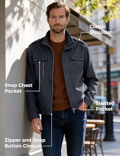 Image of wantdo Men's Cotton Lightweight Military Jacket Casual Windbreaker | Zipper and Snap Closure,Windproof,Stand Collar,Regular Fit,Versatile Outerwear,Spring Fall Daily Wear