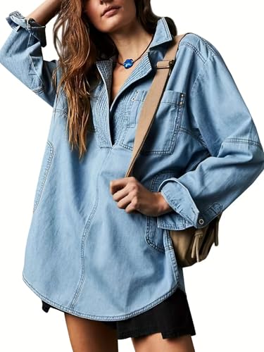 yoeasy Women's Denim Pullover Oversized V Neck Jean Shirt Loose Fit Long Sleeve Denim Jacket With Pocket