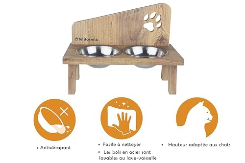 Feliformia® Futternapf für Katzen, 600 ml, Ständer aus Holz mit zwei erhöhten Schüsseln aus Edelstahl
