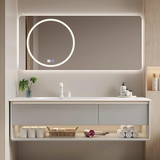 72IN Grey Bathroom Vanity Set - Floating Bathroom Vanity with Single Sink | Including LED Smart Defogging Mirror Cabinet & Time Display Function, Equipped with Motion Sensing Light Strip (Style B)