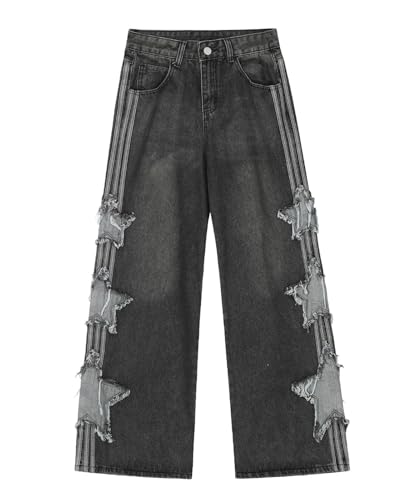 Baggy Jeans for Woman Girls Star Patchwork High Waist Cute Jean Streetwear Loose Pants Grunge Emo Clothing4