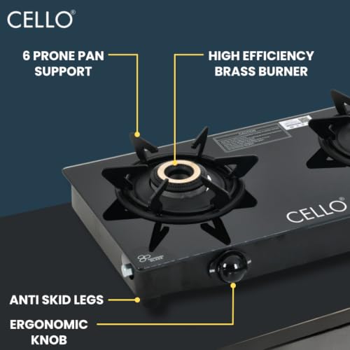 Image of Cello DEZIRE PRO PLUS 2 Burner Gas Stove | Manual Ignition | Direct Flame Brass Burners | 6mm Toughened Glass Top | Hexa Pan Supports | ISI Certified | LPG | 1Yr Warranty