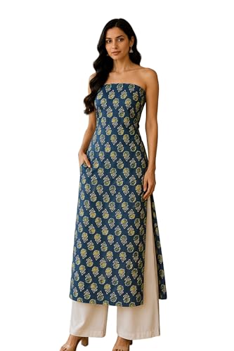 Image of Ethnics of Kutch Women's Ajrakh Modal Silk Natural Dye Hand Block Print Unstitched Kurta Fabric Mtr Length (2.5 Mtrs - Blue 30101V)