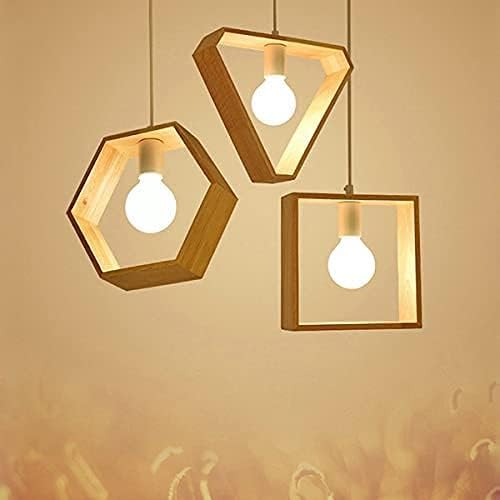 3Lyts Round Cluster Wooden Head Modern Simple 3 Different Design Hexagon Square Triangle Shape Wood Pendant Light Lamp for Study, Coffee Shop (Brown)--image-28