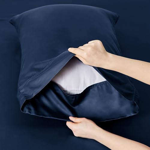 Image of Bedsure PureWoven 100% Rayon Derived from Bamboo, Twin XL Sheets, 3 Pieces | Cooling Sheets for Hot Sleepers, Breathable & Silky Soft, 16 inch Deep Pocket, Hotel Luxury Bedding, Navy