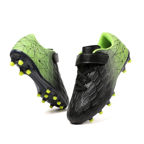 Skerxut Kids Soccer Cleats, Firm Ground, Black/Green, Size 2