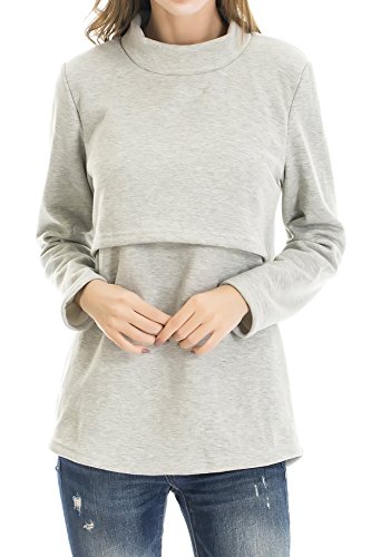 Smallshow Tops de Lactancia de Lana Ropa de Lactancia Materna de Manga Larga de Invierno para Mujer,L Light Grey Cover