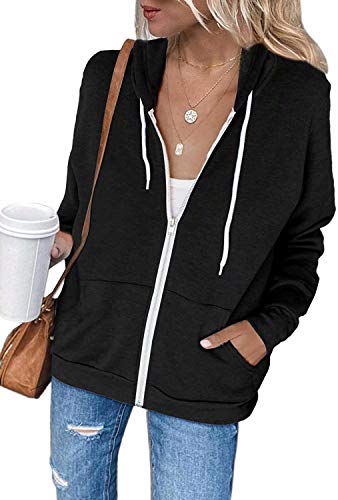INFITTY Women Long Sleeve Zip Up Hoodie Jacket Solid Color Lightweight Hooded Sweatshirt Loose Fitting Tops Black Medium