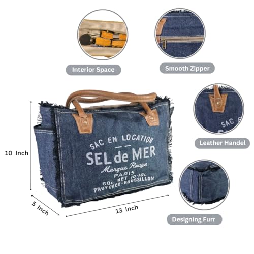 Bolso tote de lona reciclada y cuero 10X13 pulgadas miniatura 3