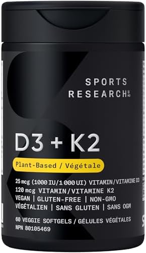 Sports Research® Vitamin D3 + K2 w/Coconut MCT Oil, 1000 IU Plant-Based D3 & 120 mcg Vitamin K2 as MK-7 | Non-GMO Verified, Third-Party Tested & Vegan Certified Softgels | 60 Count