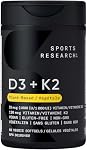 Sports Research® Vitamine D3 + K2 w/Coconut MCT Huile, 1000 IU Basé sur des plantes D3 & 120 mcg Vitamine K2 comme MK-7 | Non-OGM vérifié, tiers testé & Softgels certifiés végétaliens 60 Nombre